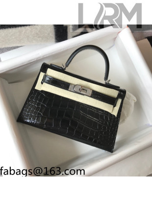 Hermes Kelly Mini Bag 19cm in Crocodile Embossed Calf Leather Black/Silver 2021 