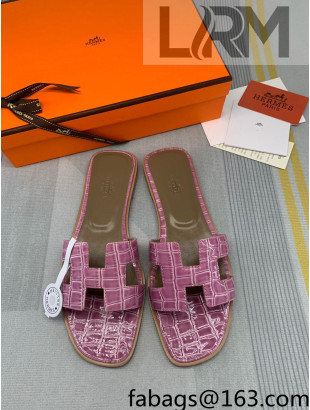Hermes Oran Stone Embossed Leather Flat Slide Sandals Pink 2022 03
