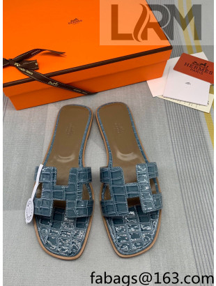 Hermes Oran Stone Embossed Leather Flat Slide Sandals Light Grey 2022 08