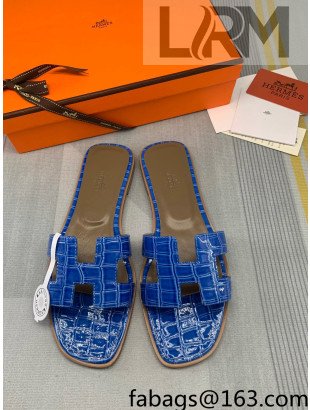 Hermes Oran Stone Embossed Leather Flat Slide Sandals Blue 2022 10
