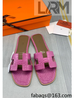 Hermes Oran Crocodile Embossed Leather Flat Slide Sandals Pink 2022 01