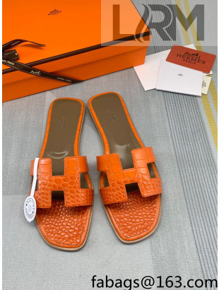 Hermes Oran Crocodile Embossed Leather Flat Slide Sandals Orange 2022 07