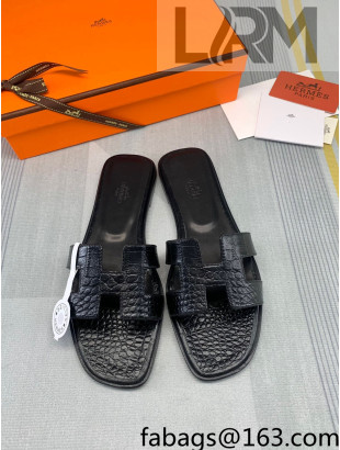 Hermes Oran Crocodile Embossed Leather Flat Slide Sandals Black 2022 08