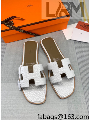 Hermes Oran Crocodile Embossed Leather Flat Slide Sandals White 2022 09