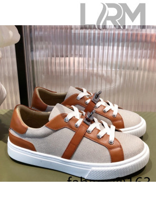 Hermes Day Calfskin and Canvas Sneakers with Kelly Buckle Brown/Beige 2022