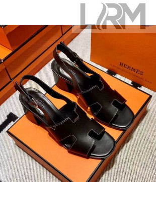 Hermes Elbe Calfskin H Medium Heel Sandal 6cm Black 2022
