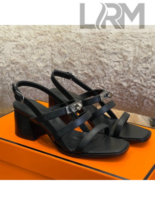 Hermes Eve Calfskin Medium Heel Sandal 6cm with Kelly Buckle Black Leather/Silver 2022