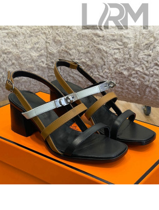 Hermes Eve Calfskin Medium Heel Sandal 6cm with Kelly Buckle Black/White/Brown 2022