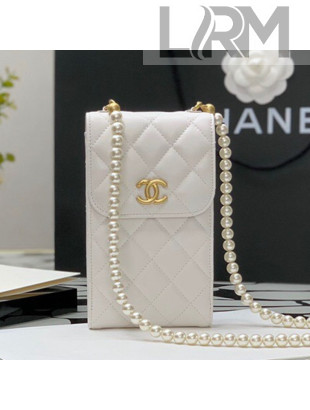 Chanel Calfskin Phone Holder Clutch Bag with Pearl Chain White 2021