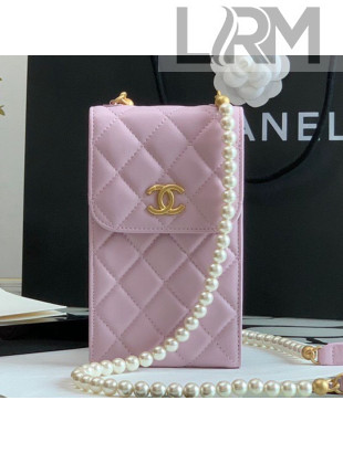 Chanel Calfskin Phone Holder Clutch Bag with Pearl Chain Light Pink 2021