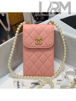 Chanel Calfskin Phone Holder Clutch Bag with Pearl Chain Orange Pink 2021