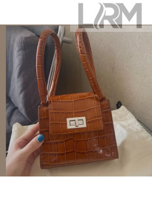 By Far Sabrina Croco Embossed Leather Top Handel Bag Brown 2020