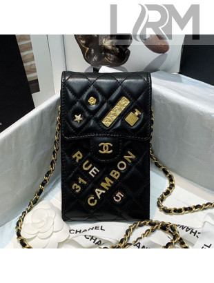 Chanel Lambskin Phone Holder Bag with Chain and Emblem Charm AP2164 Black 2021