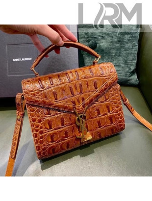 Saint Laurent CASSANDRA Mini Top Handle Bag in Crocodile Embossed Leather 602716 Brown 2020