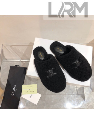 Celine Triomphe Shearling Flat Slide Sandals Black 2021