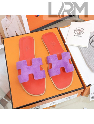 Hermes Oran Suede Flat Slide Sandals Purple/Orange 2021 15