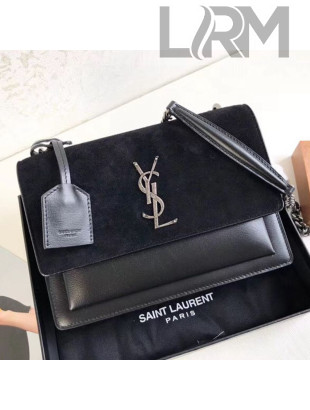 Saint Laurent Sunset Medium Shoulder Bag in Suede & Smooth Leather Black 442906 2019