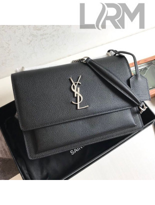Saint Laurent Sunset Medium Shoulder Bag in Grained Leather Black/Silver 442906 2019