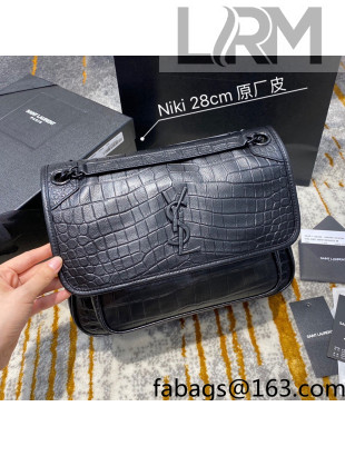 Saint Laurent Medium Niki Chain Bag in Crocodile-embossed Calfskin 498894 Black 2021