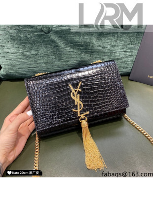 Saint Laurent Kate Small Chain and Tassel Bag in Crocodile Embossed Leather 474366 Black/Gold 2021 TOP