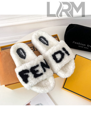 Fendi Logo Shearling Flat Slide Sandals White 2021
