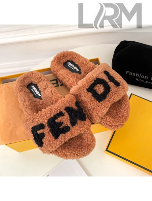 Fendi Logo Shearling Flat Slide Sandals Brown 2021