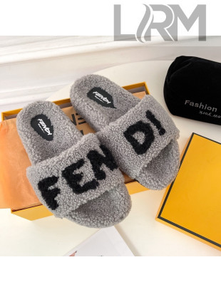 Fendi Logo Shearling Flat Slide Sandals Grey 2021