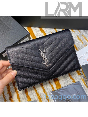 Saint Laurent 393953 Envelope Chain Wallet in Textured Leather Black/Silver (Top Quality)