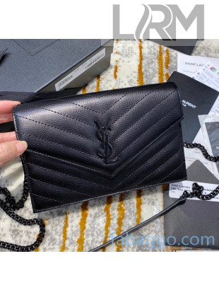 Saint Laurent 393953 Envelope Chain Wallet in Textured Leather All Black (Top Quality)