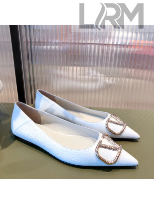 Valentino Silver VLogo Grained Leather Ballet Flat White 2021 