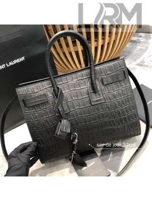 Saint Laurent 377183 Classic Baby Sac De Jour Bag in Embossed Crocodile Leather Black 2021