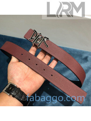 Dior DIOR AND SHAWN Leather Matte Belt 35mm with DIOR Logo Buckle Burgundy/Navy Blue 2020