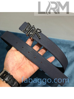Dior DIOR AND SHAWN Leather Matte Belt 35mm with DIOR Logo Buckle Black/Blue 2020