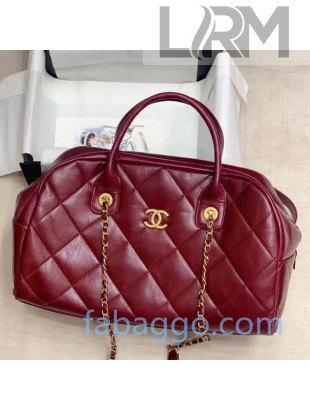 Chanel Quilted Wax Calfskin Travel Boston Top Handle Bag Burgundy 2020