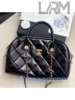 Chanel Quilted Wax Calfskin Travel Boston Top Handle Bag Black 2020
