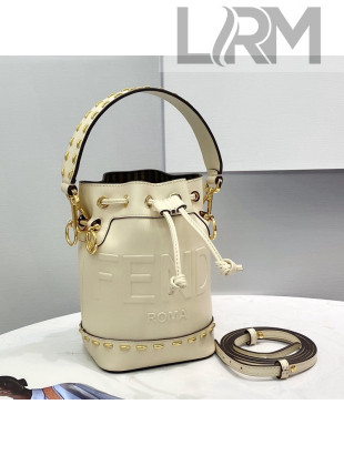 Fendi Mon Tresor Mini Bucket Bag in Metal Stitching Leather White 2021