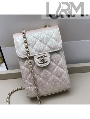 Chanel Iridescent Grained Calfskin Phone Holder with Chain White 2021