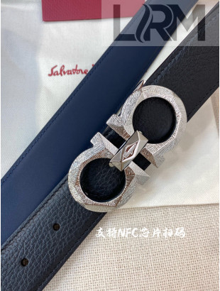 Ferragamo Men's Gained Calf Leather Belt 3.5cm Black/Blue/Shiny Silver 2022 033131
