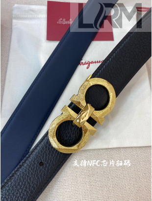 Ferragamo Men's Gained Calf Leather Belt 3.5cm Black/Blue/Shiny Gold 2022 033132