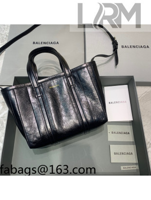 Balenciaga Barbes Small East-West Shopper Bag in Striped Lambskin Black Leather 2021