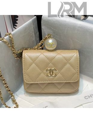 Chanel Iridescent Grained Calfskin Flap Coin Purse with Pearl and Chain AP2118 Beige 2021