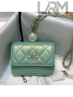 Chanel Iridescent Grained Calfskin Flap Coin Purse with Pearl and Chain AP2118 Green 2021