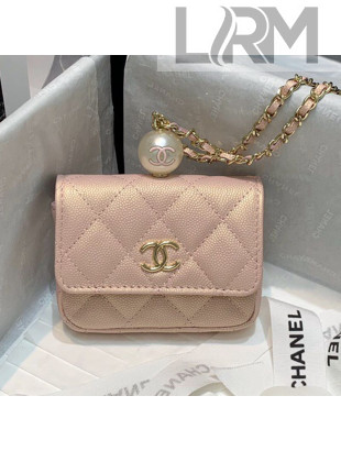 Chanel Iridescent Grained Calfskin Flap Coin Purse with Pearl and Chain AP2118 Pink 2021