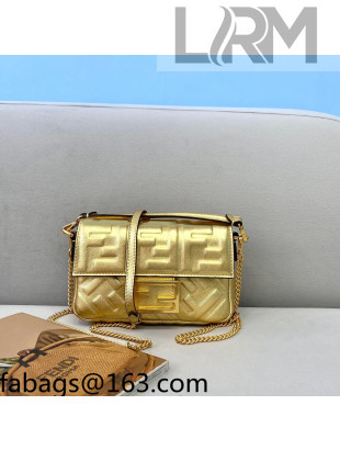 Fendi Baguette Mini FF Logo Lambskin Flap Bag Yellow Gold 2022