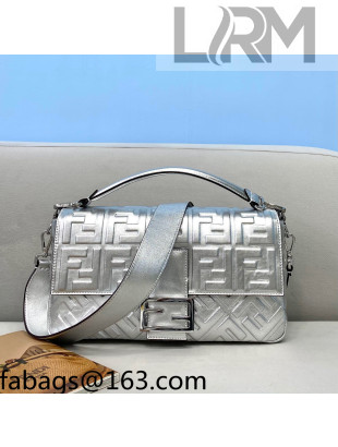 Fendi Baguette Large FF Logo Lambskin Flap Bag Silver 2022