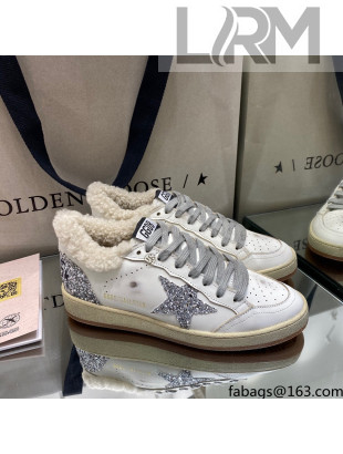 Golden Goose Ball Star Sneakers in White leather with Silver Glitter Details and Shearling Lining 2021