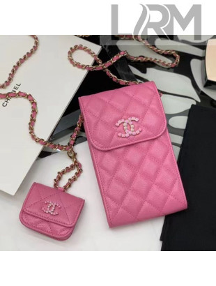 Chanel Quilted Grained Calfskin Phone Airpods Case with Chain AP2033 Pink 2021