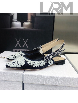 Dior J'Adior Slingback Ballerina Flat  in Deep Blue and White Cornely-Effect Embroidery 2022