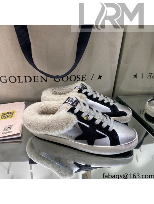 Golden Goose Super-Star Sabots in Silver Leather with Shearling Lining and Black Star 2021
