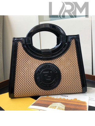 Fendi Perforated Calfskin Runaway Logo Stamp Small Shopper Top Handle Bag Beige 2019